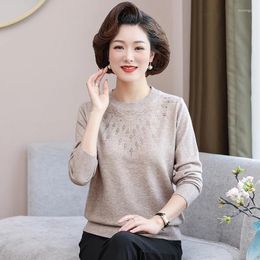 Women's Sweaters Mid Aged Mother Pullovers Spring Autumn Sweater Fashion Diamond Knitwear Bottom Top Round Neck Pull Women Knitting Shirt