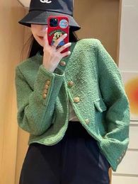 Women's Jackets Green Tweed Jacket Coat Women French Vintage Temperament Golden Buttons Long Sleeve High End Short Outwear Casaco