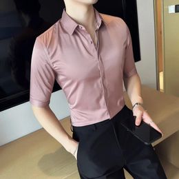 Men's Casual Shirts 2023 Summer Ice Silk Business Office Shirt Dress With Hidden Front And Mid-sleeve Slim Tuxedo For Men