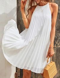 Casual Dresses White/Black Chiffon Pleated Mini Dress Sleeveless Party Beach Summer Short Women's Elegant Vestidos Female 2023