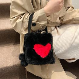 Evening Bags Heart Plush Tote Soft Fluffy Ball Tassel Fur Shoulders Bucket Small Chain Furry Bag For Women 2023 Korean Sac