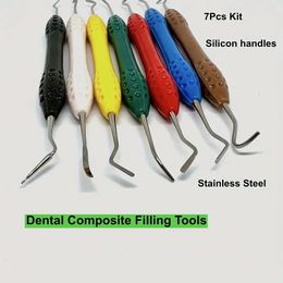 7pcs/set Dental Composite Resin Filling Tools Kit, Dental Restorative Instruments Kit Mixed Colours Silicon Handles Stainless Steel Tools
