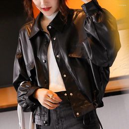 Women's Leather Women Black Faux PU Jacket Korean Drawstring Lace Up Single-breasted Loose Big Pocket Female Spring Autumn Biker Outwear