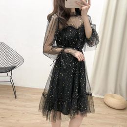 Casual Dresses Korean Dress Glitter Sequin Women Mesh Transparent Ruffle Sexy Party Elegant 2023 Winter Black Clothes Robe