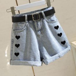 Jeans Love denim shorts female high waist slimming summer new embroidery loose wide leg pants student curling hot pants trend 2021