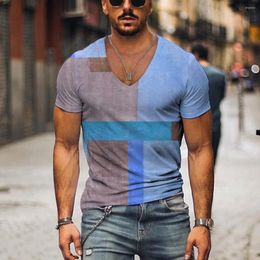 Men's T Shirts Colour Block T-Shirts Striped 3D Printed Vintage Fashion Oversized Short Sleeve V-Neck Shirt Man Male Tees Tops Clothing