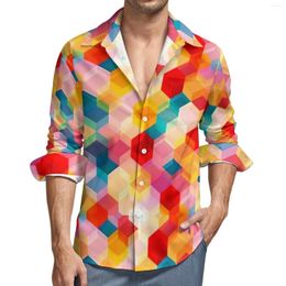 Men's Casual Shirts Colourful Hives Men Honeycombs Shirt Long Sleeve Loose Y2K Blouses Autumn Pattern Top Plus Size