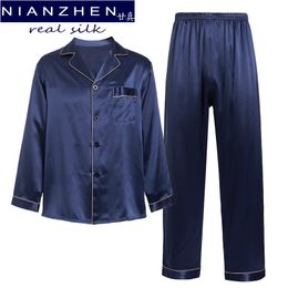 Men's Sleepwear NIANZHEN 100% Real Natural Silk 19 Momme Pajamas Set Solid Shirt Long Pants Sleepwear Sets Silk Homewear for Men 69002 230425