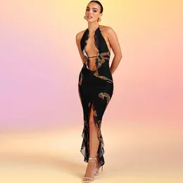 Casual Dresses Deep V-Neck Halter Backless Long Dress Ruffle High Slit Maxi 2023 Summer Animal Print Sexy For Party Beach Gowns