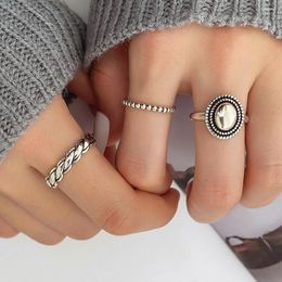 Cluster Rings Vintage 3 Pcs Silver Colour Geometric Cross Ring Female Beads Set For Women Simple Retro Style Jewellery Gifts