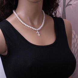 Pendant Necklaces Luxury Imitation Pearls Beads Chain Choker For Women Fashion Shiny Rhinestone Cross Necklace Female Jewelry