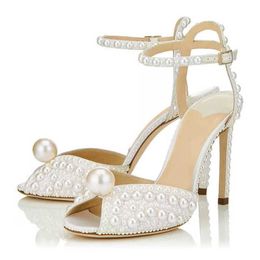 Nxy Sandals Pearls Studs Wedding Shoes Women Summer New High Quality Peep Toe Heels Ladies Buckle Strap Stiletto 230406