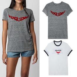 24ss Zadig Voltaire Women Designer T shirt Summer Cotton New front wing flocking printed Grey floral yarn women's round neck short sleeved tees