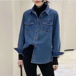 Women's Blouses Denim Shirts Women Fashion 2023 Autumn Vintage Long Sleeve Tops Plus Size Korean Stylish Clothes Social Elegant Pockets