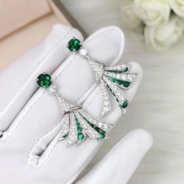 Dangle Earrings Designer Collection Fashion Style Women Lady Settings Green Cubic Zircon Fan-Shaped 925 Silver Needle Stud