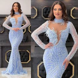 Chic Sky Blue Mermaid Prom Dresses Sheer Neck Lace Party Dresses Illusion Sequined Custom Made Evening Dress