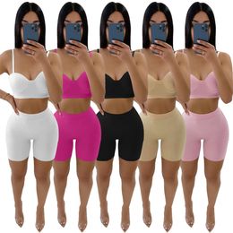 Designer Tracksuits Summer Two 2 Piece Set Women Outfits Sexy Spaghetti Straps Crop Top and Shorts Matching Sets Solid Sportswear Bulk Items Wholesale Clothes 9788