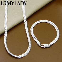 Strands Strings URMYLADY 925 Sterling Silver 2 Piece 6MM Full Sideways Chain Necklace Bracelet For Women Men Fashion Jewelry Sets Wedding Gift 230426
