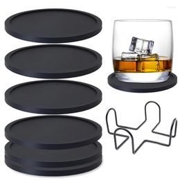 Table Mats Silicone Coasters Glasses Round Set Of 6 Glass With Holder Non-Slip & Washable