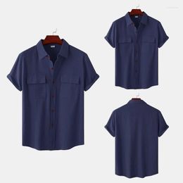Men's Casual Shirts Men Shirt Cotton Linen Solid Color Single-breasted Short Sleeves Loose Type Flap Pockets 2023 Summer Tops Daily Clothes