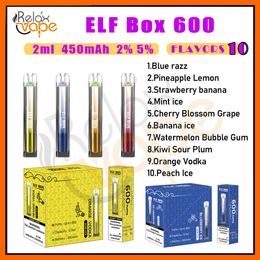 Original ELF BOX 600 Puff E Cigarettes 2ml Pre-filled Pod 450mAh Battery 10 Flavors Disposable Vape Pen Puffs 1k ohm Mesh Coil 2% 5% Level vapsolo Kits Device Stock