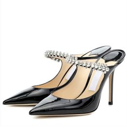 Famous Women Sandals Pumps Bing 100 mm In Patent Leather Mules Slingback Italy Beautiful Crystal Ankle Chain Pointed Toes Designer Banquet Sandal High Heels EU 35-43