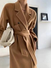 Women's Wool Blend Doublesided Cashmere Handmade Hepburn Corrugated Water Ripples Coat Long Woolen Jacket Korean 231124