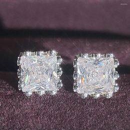 Stud Earrings Classic Simple Rhodium Plated Silver Cz Square Zircon For Women
