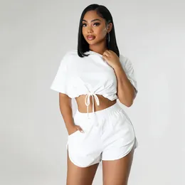 Women's Tracksuits Cutubly Solid Short Sleeve Shirring T-Shirt Casual Vacation Outfits 2 Piece Set High Waist Hem Slit Shorts Club Party