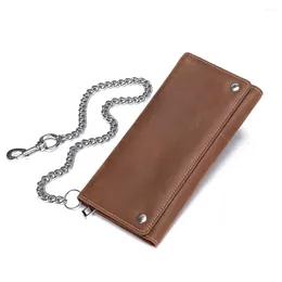 Wallets Men's Genuine Leather Trifold Wallet Foldable Business With Chain Cowhide Credit/ID Card Holder Coin Purses 1006