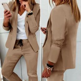 Running Sets 2 Pcs/Set Women Blazer Pants Set Solid Colour Turn-down Collar Anti-wrinkle Formal Loose Warm Elastic Waist Pockets Coat Su