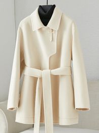 Women's Wool Blends Off white doublesided cashmere coat for women short and small 2023 100 pure wool 231124