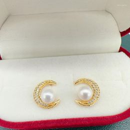 Stud Earrings Real Freshwater Pearl 14k Gold Filled Crescent Moon For Women Shiny CZ Zircon Earring Wedding Jewelry