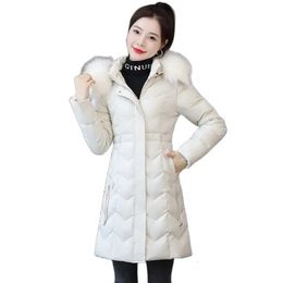 Women's Down Parkas Slim Long Winter Jackets Fashion Women Cotton Padded Stand Hooded Detachable Fur Collar Solid Female Casual Coat 231124