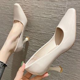 Dress Shoes 7cm Fashion Thin High Heels Patent Leather Pumps Square Toe Beige Party For Women 38 39 40