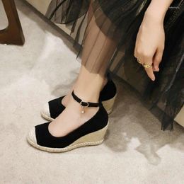 Dress Shoes QPLYXCO 2023 Flock Faux Suede Green Black Patchwork Mary Janes Ankle Buckle Strap Espadrilles Wedges High Heels Pumps Lady