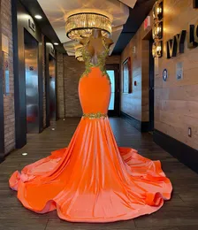Glitter Orange Velvet Mermaid Prom Dresses 2024 Sheer Neck Rhinestone Tassel Evening Dress Long Graduacion Cocktail Party Gowns