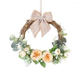 Decorative Flowers Cilected Floral Wreath 9" Welcome Sign Artificial Peony Green Leaves For Front Door Wall Hanging Window Outdoor