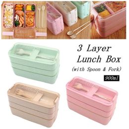 Dinnerware Sets Friendly Lunch Box 3 Layer Wheat Straw Bento Microwave Storage Container 900ml Meal Prep