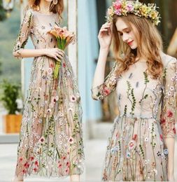 Dresses Women's Sheer Mesh Cotton Boho Dress Embroidered Lace Floral Long Retro