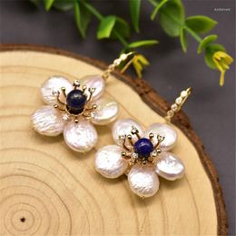 Dangle Earrings Natural Freshwater Pearl Flower Pendant Woman Lapis Lazuli Wedding High-end Jewelry Accessory