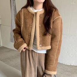 Women's Fur Chic Winter Vintage Round Neck Single Breasted One Piece Long Sleeve Coat Lambhair Jackets