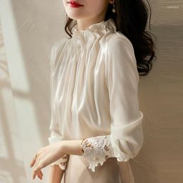 Women's Blouses High End White Silk Women's Stand Collar Long Sleeved Blouse Women Clothes Fashion Temperament Ladies Tops Blusa Mujer