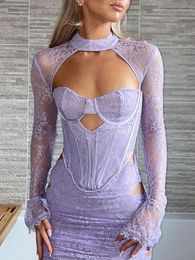 Women's T Shirts Elegant Summer Long Sleeve Lace Patchwork Corset Tops For Women 2023 Sexy O Neck See Though Fashion Short Tank Shirt Club