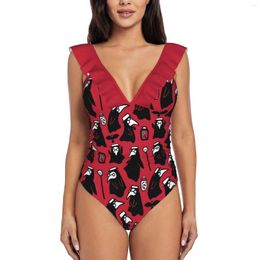 Women's Swimwear Plague Doctors Ruffle One Piece Swimsuit Women Push Up Monokini Sexy Print Bathing Suit Plagued S