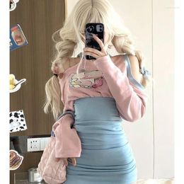 Casual Dresses Women Korean Chic Patchwork Print Mini Bodycon Y2k Off Shoulder Sweet Girls Pink Blue Folds Pleated Dress 2023 Summer