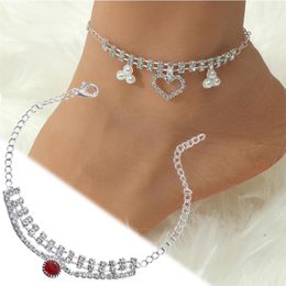 Anklets Elegant Rhinestone For Women Luxury Heart Pearl Crystals Pendant Foot Chain Bracelets Summer Beach Party Ankle Jewellery