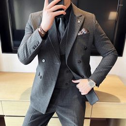 Men's Suits (Jackets Vest Pants) Double-breasted Business Suits/Male Slim Fit Stripe Groom's Wedding Dress Blazers/Man Fashion Tuxedo