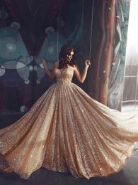 Party Dresses Golden Lace Sexy A-Line Off Shoulder Prom Dress V-Neck Dubai Arab Floor Mop Evening