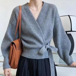 Women's Knits 2024 Sweater Autumn Vintage V-neck Lace-up Loose Knitted Cardigan Solid Colour Jacket